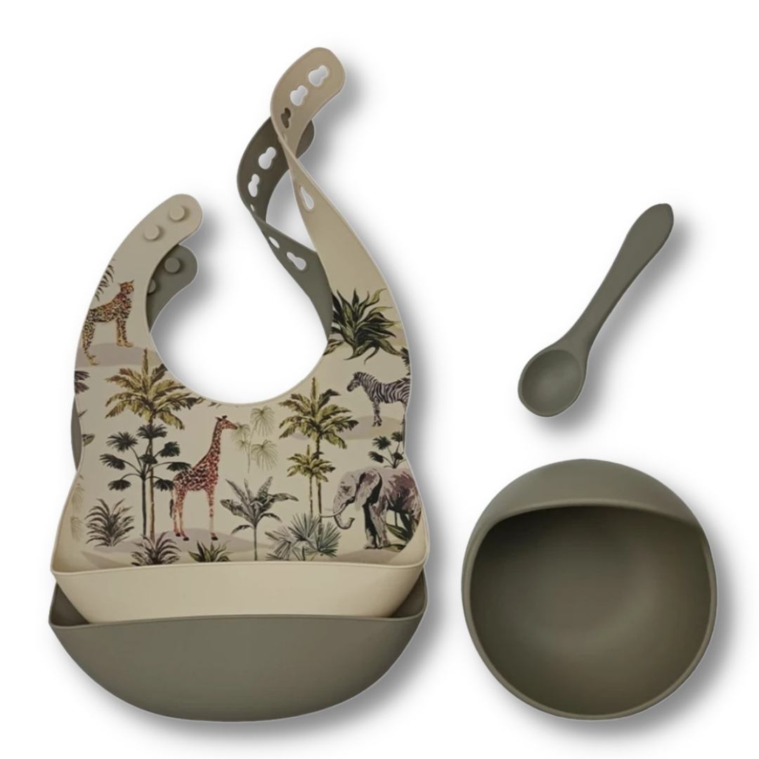 Set siliconen slabbetjes + kom met zuignap en lepel - Jungle salie